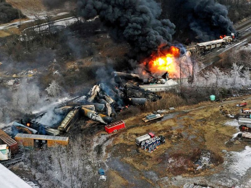 Train derailment wreckage in Palestine, Ohio